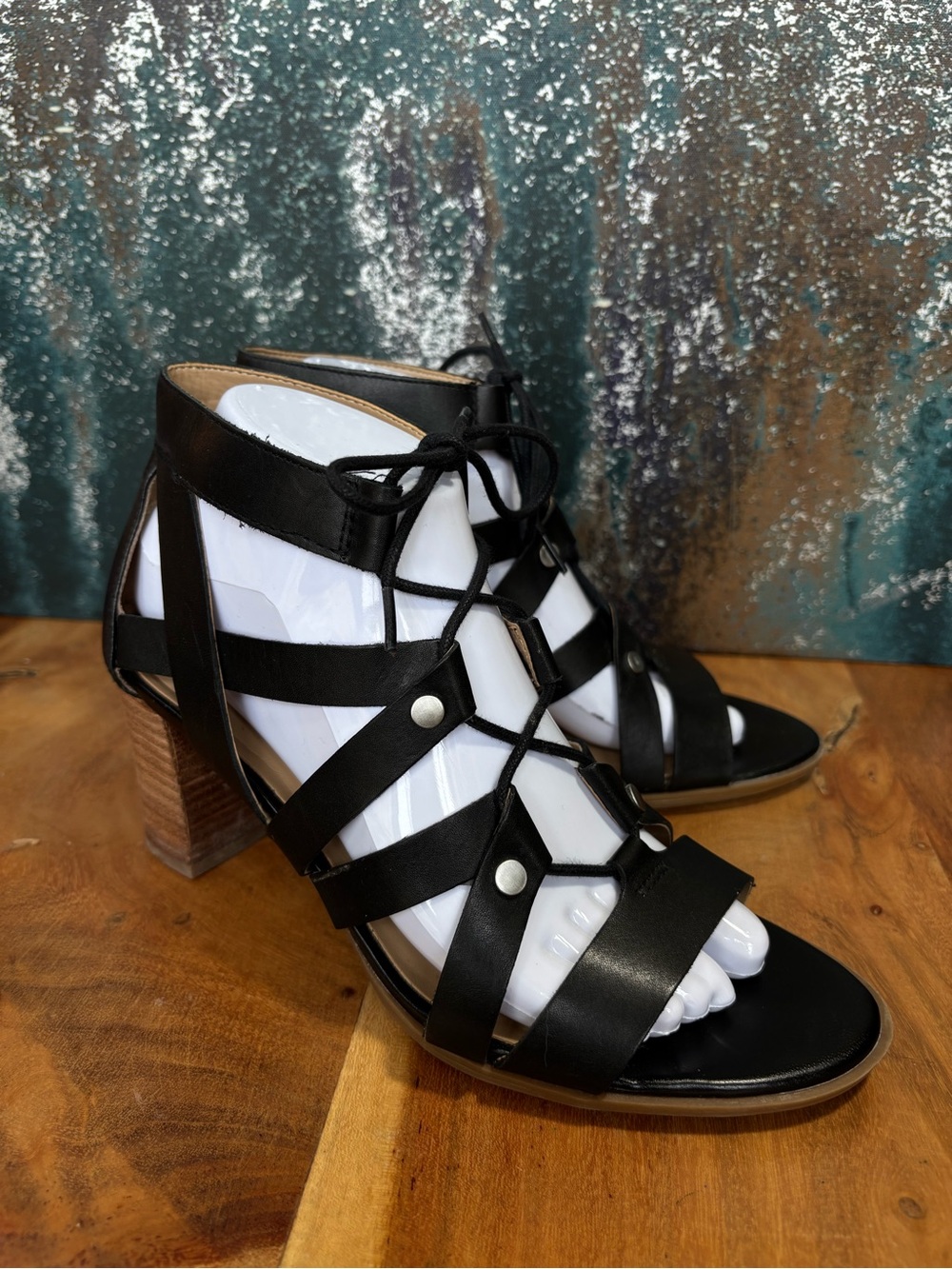 Naturalizer 2010s Boho Gladiator Cage Sandals Black‎ Leather Stacked Heels 8M